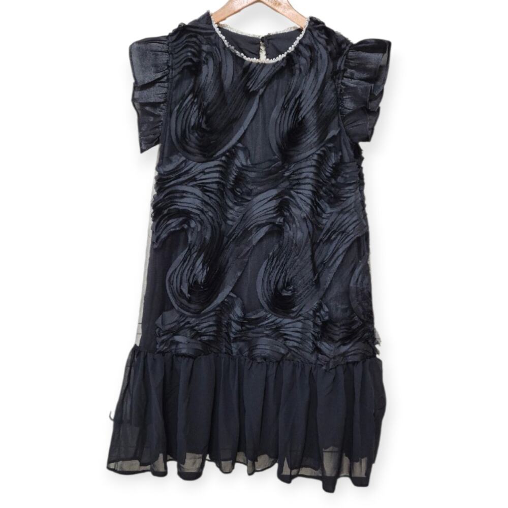 Black Cocktail Shift Dress Textured Chiffon Flutter Sleeves Womens Medium Pearl